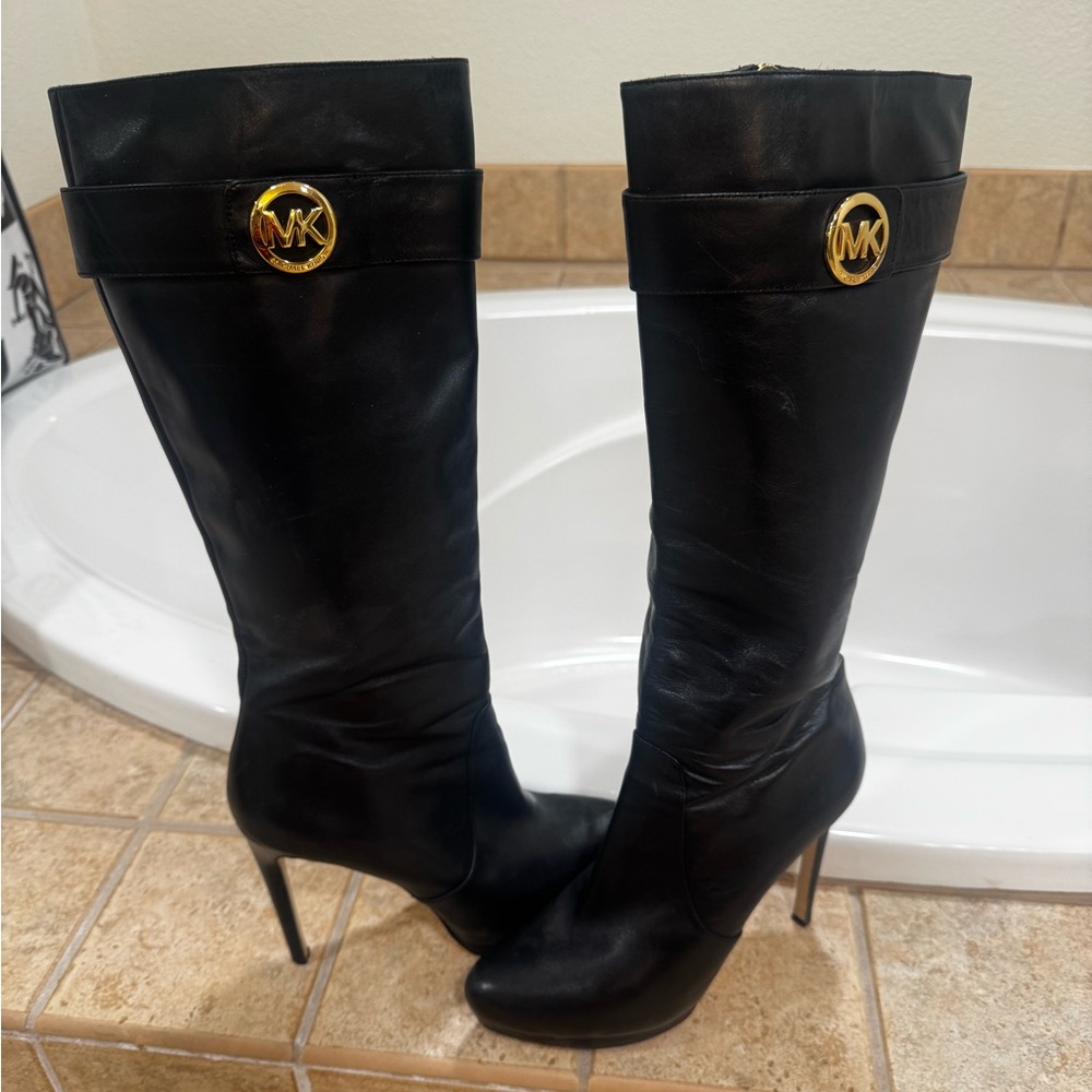 Michael Kors Black Heeled Boots with Gold Accents